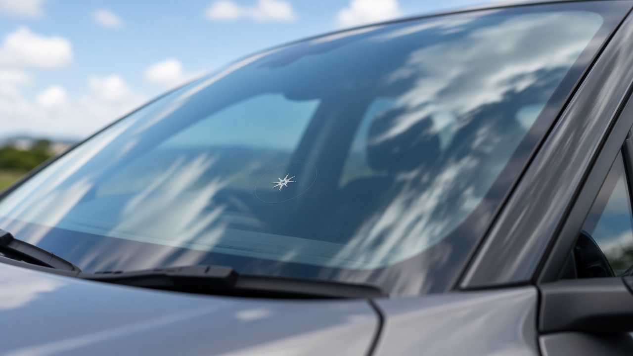 Small star chip in a silver SUV windscreen