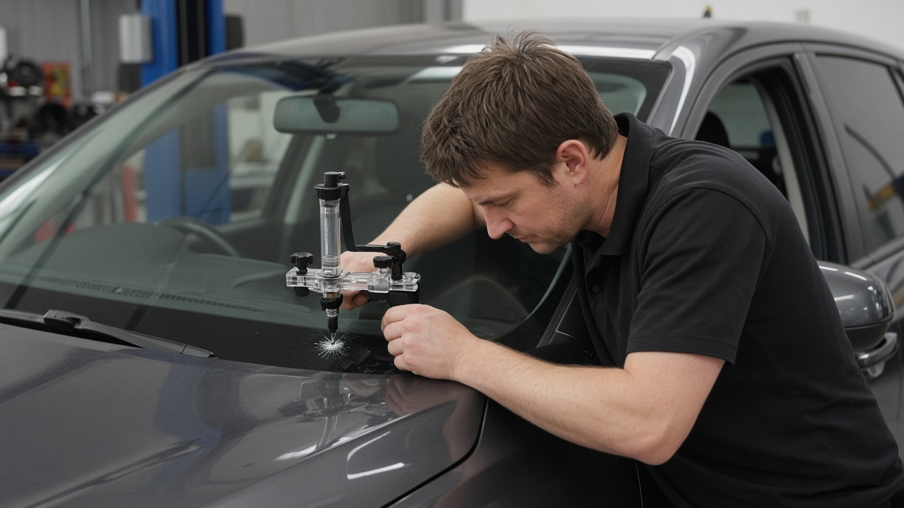 Local Guys technician repairing a windscreen chip with resin