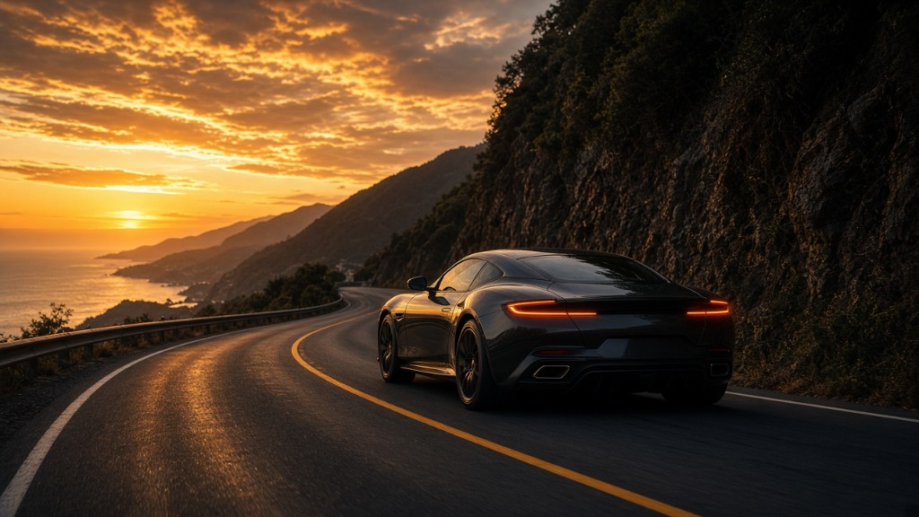 Dark sports car on a coastal mountain highway at sunset