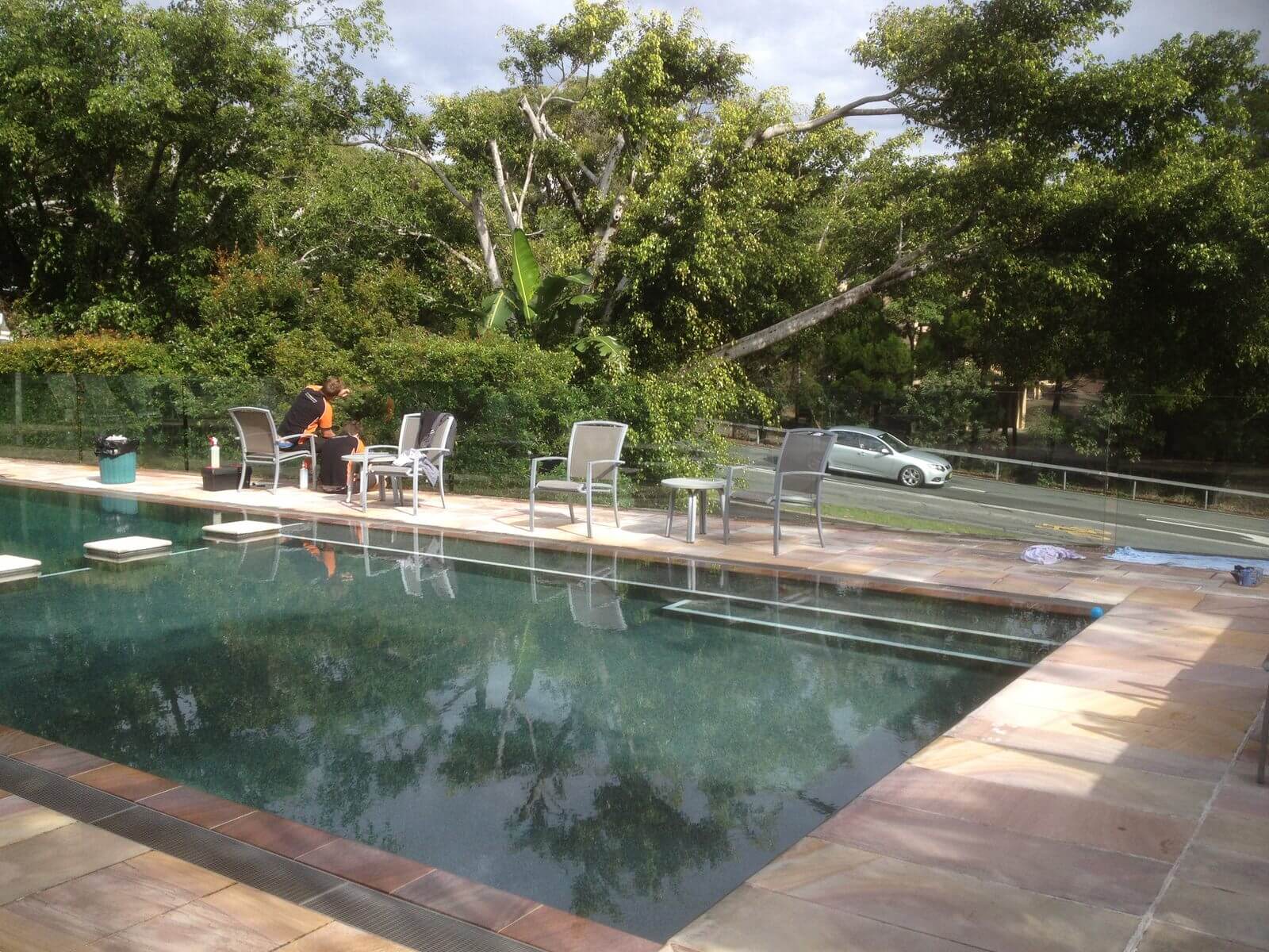 Before. Hospitality pool glass privacy frost by Local Guys